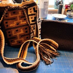 Elegant Crochet Shoulder Bag Set in Brown and Tan